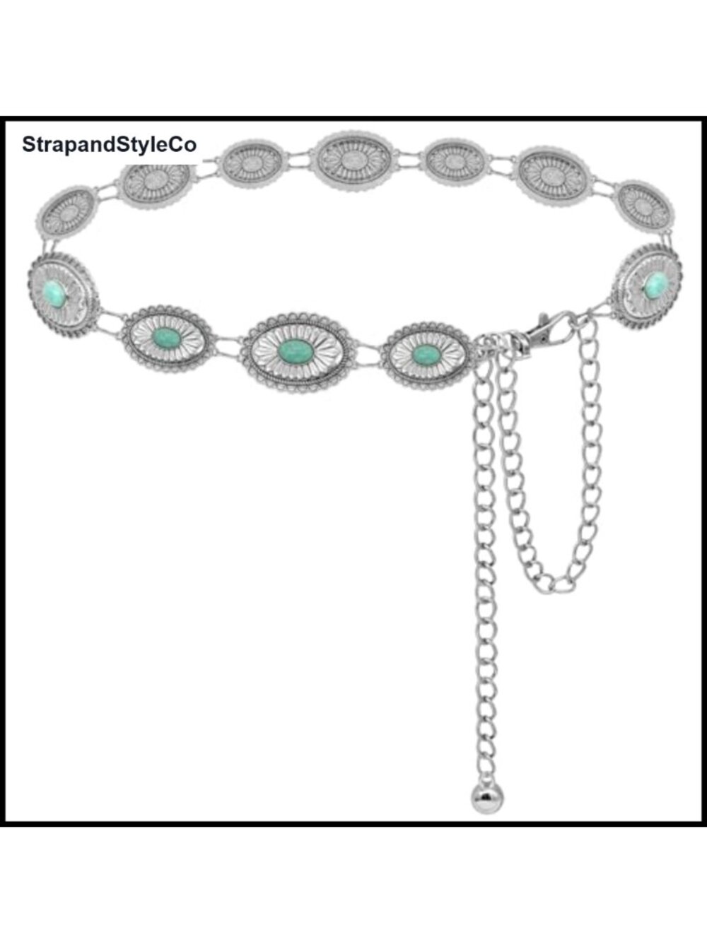 Turquoise Concho Metal Waist Chain Western Cowboy Belt Adjustable Boho Hippie